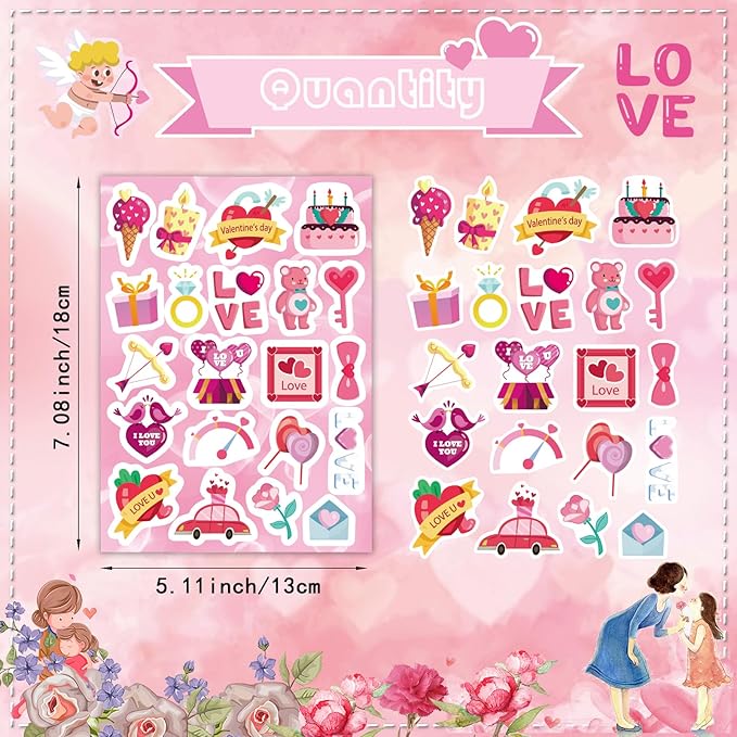 DUJAA 465PCS Valentine Stickers - Valentines Stickers for Kids Love Stickers Kawaii Heart Stickers Valentine's Day Theme Stickers Party Favors Gifts Decorations Supplies