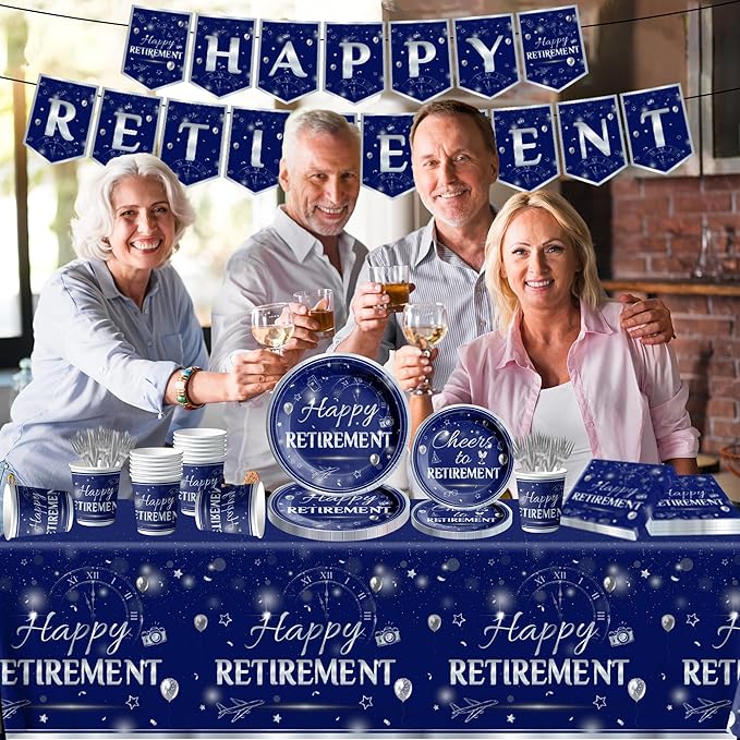 142Pcs Retirement Tableware Party Decorations Happy Retirement Party Supplies Sliver Blue Plastic Disposable Banner,Cup,Tablecloth,Plates and Napkins Sets