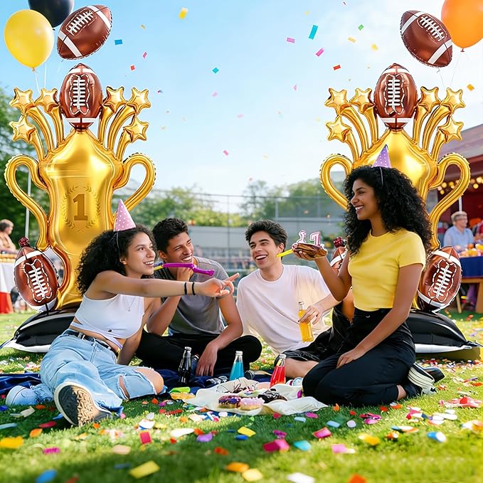 2-Piece Football Party Decoration Set - 5 ft Large Self Standing Football Foil Balloons, Suitable for Game Day Celebrations and Sports Themed Party Decorations (Trophy)