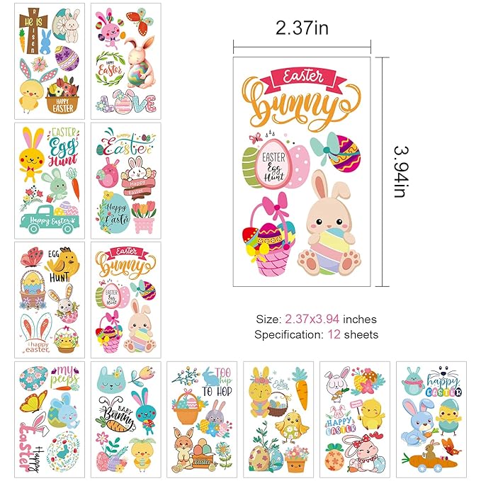 66 Pieces Easter Tattoos, 12 Sheets Colorful Bunny Egg Chicken Spring Flowers Butterfly Stickers for Easter Egg Filler, Easter Basket Stuffers, Goodie Bag Fillers, Classroom Rewards