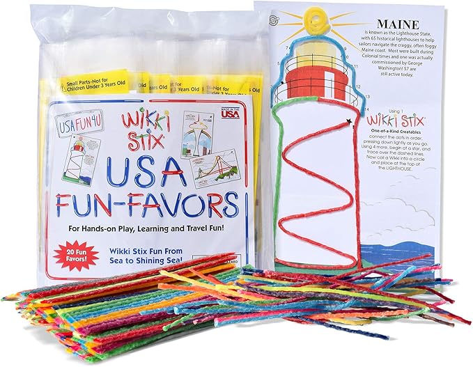 WIKKI STIX USA Fun Paks, Travel Essential for Road Trips, Featuring USA Landmarks and Locations, Made in USA. Pack of 20.