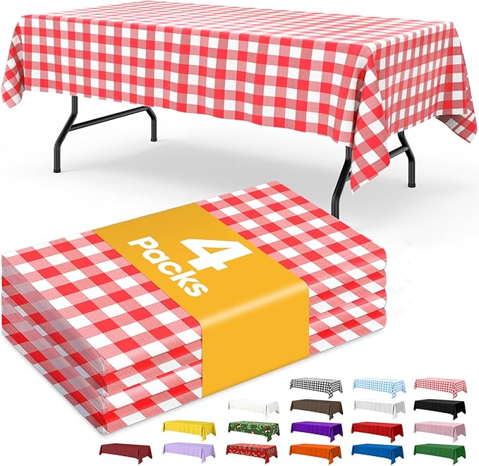 Red Checkered Plastic Table Cloth - 4 Pack 54" × 108" Rectangle Disposable Tablecloths for 6FT Tables, Table Cover for Party, Holiday & Gathering Use