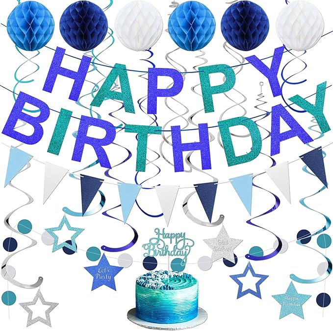 Birthday Decorations Pre-Strung Happy Birthday Banner for Boys Girls Blue Birthday Banners with Pennant Honeycomb Balls Cake Topper Stars Hanging Swirl Streamers Circle Dots Garland