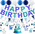 Birthday Decorations Pre-Strung Happy Birthday Banner for Boys Girls Blue Birthday Banners with Pennant Honeycomb Balls Cake Topper Stars Hanging Swirl Streamers Circle Dots Garland