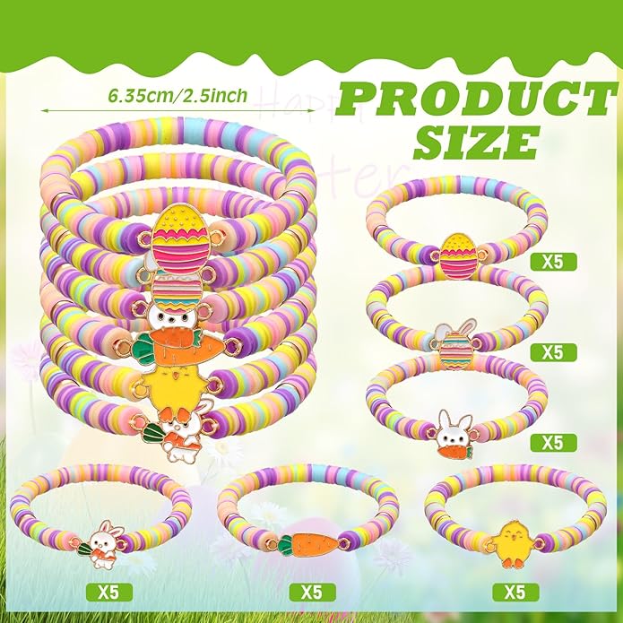 Tondiamo 30 Pcs Easter Party Bracelets Gifts Bulk Easter Bunny Egg Chick Carrot Polymer Clay Beaded Bracelets Bulk for Party Supplies Basket Stuffers Egg Fillers Gifts