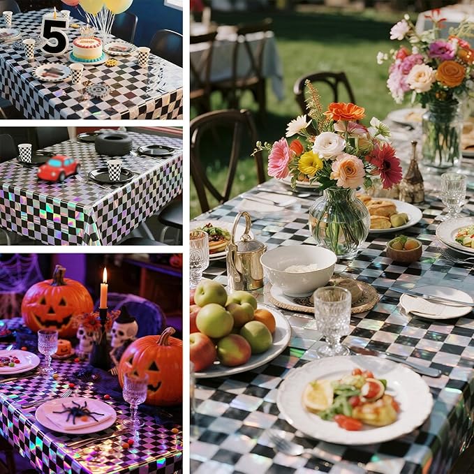 3 Packs Black Checkereed Iridescent Tablecloth 54 x 108 Inch Holographic Foil Table Cloth Shiny Disposable Laser Rectangle Plastic Table Cover for Picnic Camping