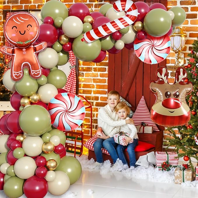 Christmas Balloon Garland Arch Kit, 103PCS Retro Green White Ruby Red Balloons Arch with Elk Head Candy Cane Foil Balloons, Gingerbread Man Windmill Foil Balloons for Christmas New Year Party Supply