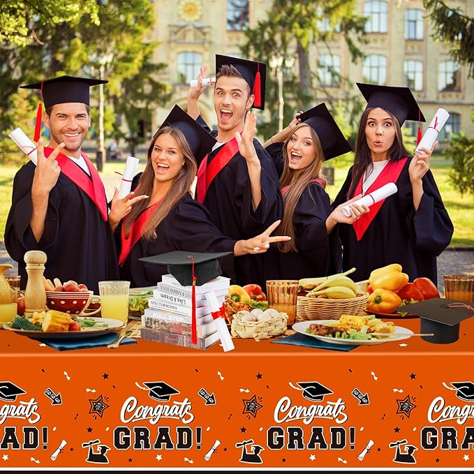 2 Pack Orange Graduation Tablecloth - Congrats Grad Table Cloths, Plastic Disposable Rectangle Class of 2026 Table Cover for Graduation Tables Decorations Party Decor Supplies Favors,108 x 54 Inch