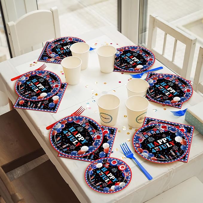96 Pcs 4th of July Patriotic Party Plates, Independence Day Party Decorations Supplies Fourth of July American Flag Memorial Veterans Day Tableware Disposable Dinnerware Set, Serves 24