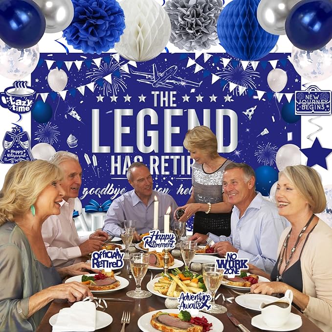 Retirement Party Decorations Blue Silver Happy Retirement Decorations for Men Women, Happy RetIrement Banner, Retired Backdrop, Balloons, Pompoms, Hanging Swirls, Retired Cards, Cake Toppers Set 54pcs