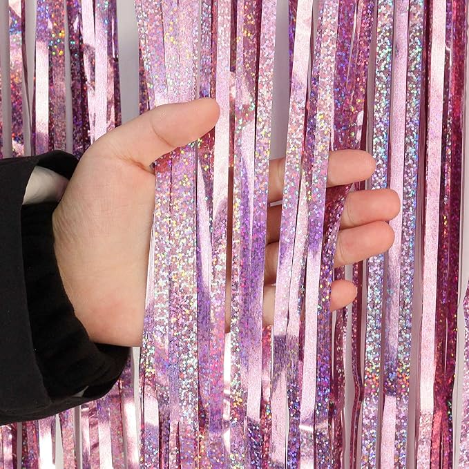 Pink Tinsel Foil Fringe Curtain Backdrop, 3.3 x 8.2 ft Metallic Glitter Curtain Streamers, 2 Pack Pink Photoboth for Birthday Bridal Shower Valentines Day Party Decorations