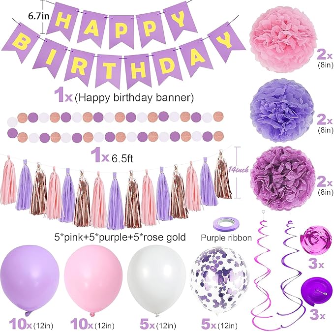 Purple Pink Birthday Party Decorations for Women Girls with Happy Birthday Banner,Hanging Swirls,Tissue Paper Pompoms,Circle Dots Garland,Tassel Garland Purple Balloons