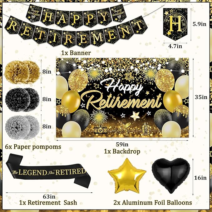 Happy Retirement Party Decorations for Men and Women - Black and Gold Banner, Backdrop Card, Sash, Hanging Swirls, Foil Balloons, Honeycomb Centerpieces
