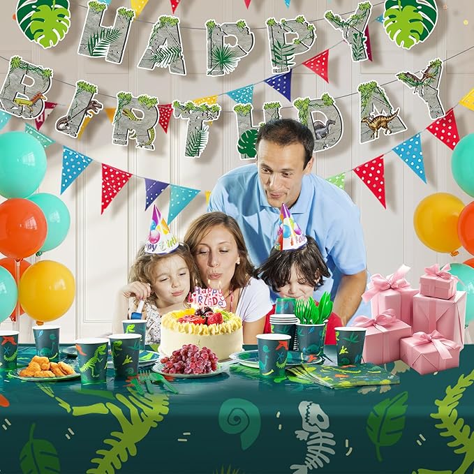 Dinosaur Birthday Decorations, 170 Pcs Dinosaur Party Supplies Including Banner, Plates, Cups, Napkins, Cutlery and Tablecloths, Serves 24
