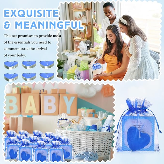50 Sets Baby Shower Favors Candle Include 50 Pcs Heart Shaped Tealight Guests Baby Shower Candles Tealight with Thank Cards and 100 Pcs Gift Bags for Gender Reveal(Blue)