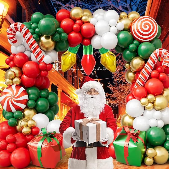 169pcs Christmas Balloon Garland Arch Kit with Red Green White Gold Balloons, Candy Cane, Gift Box, Light Bulb Foil Balloons, X-mas Birthday Party Supplies, Christmas Party Decorations