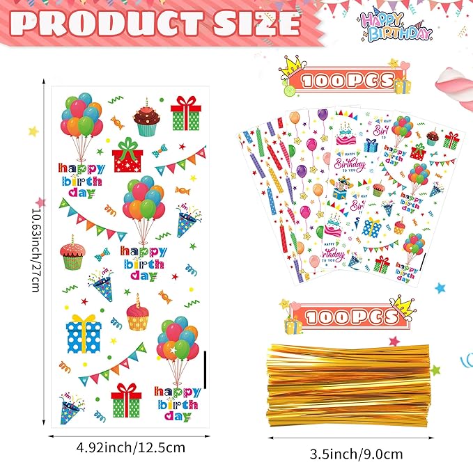 QOIUSO 100PCS Birthday Cellophane Treat Bags with 110 Gold Twist Ties, Clear Goodie Bags for Kids Birthday Party Favors Packaging Candy, Cookies, Treat, Classroom Return Gifts - 4 Colorful Design