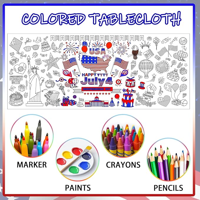 4th of July Coloring Tablecloth Patriotic Giant Poster 30x72 Inch Independence Day Coloring Poster DIY Statue of Liberty American Flag Themed, for School Classroom Wall Home Party Suppiles