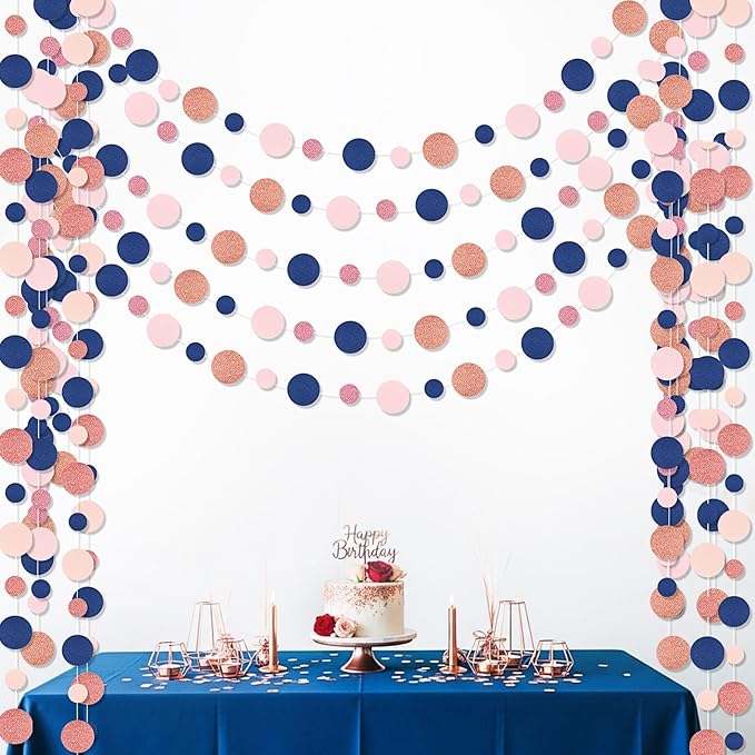 Outus 5 Pieces Blue,Pink,Rose Gold Round Dots Garland Easter Graduation Party Hanging Decor Each Length 13.1ft Glitter Paper Dot Streamers for Birthday Wedding Classroom