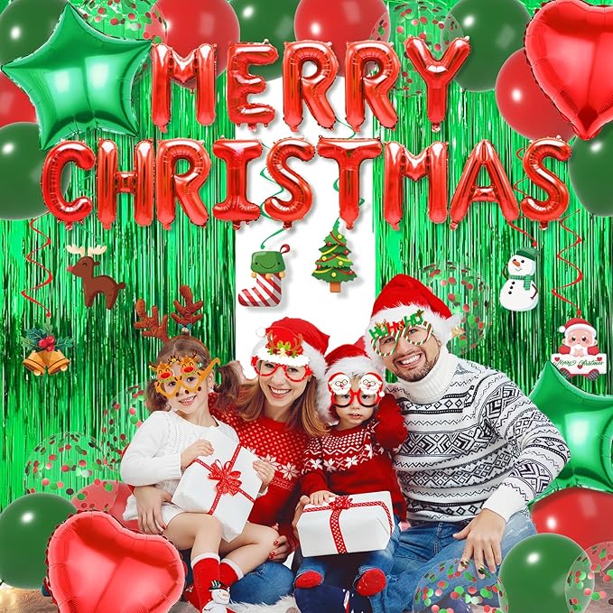 Red Green Christmas Decorations with Green Fringe Curtains, Heart Stars Confetti Balloon, Merry Christma Foil Balloons, christmas Glasses Frames and Hanging Swirls for Xmas Party Supplies