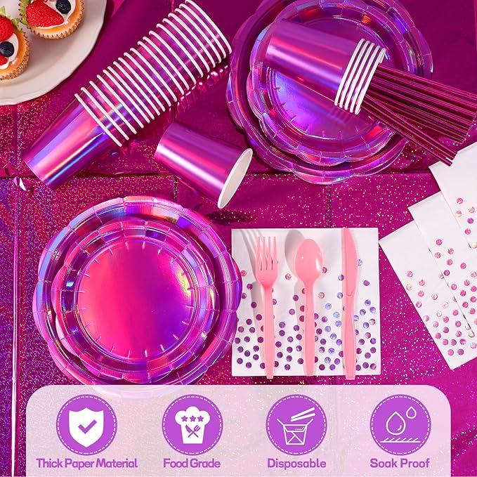 200 Pcs Pink Plates and Napkins Party Supplies, 25 Guest Scalloped Iridescent Pink Plates Napkins Cups Set Holographic Pink Party Decorations for Birthday, Mermaid, Disco Party