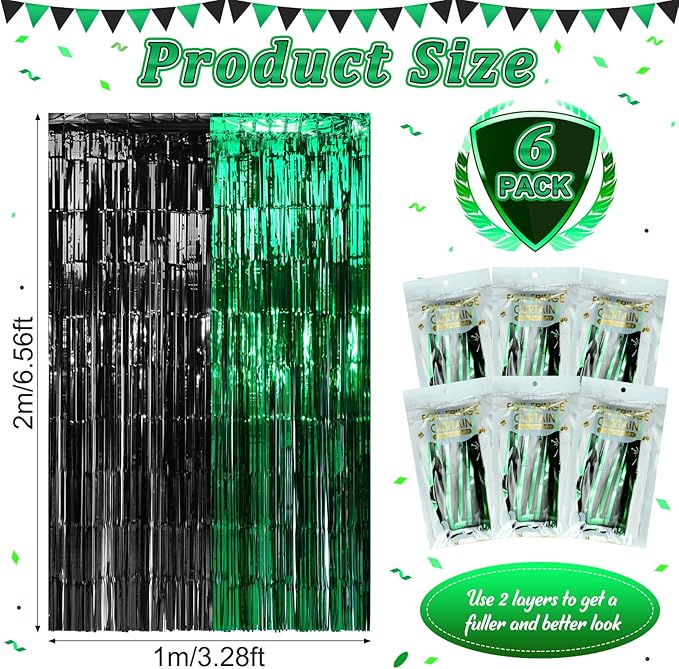 6Pack 3.3Ft x 6.6Ft Graduation Foil Fringe Curtain Backdrop Decorations, Green Black Metallic Tinsel Foil Streamers Curtain Photo Booth Background for Graduation Prom Wedding Birthday Party Decoration