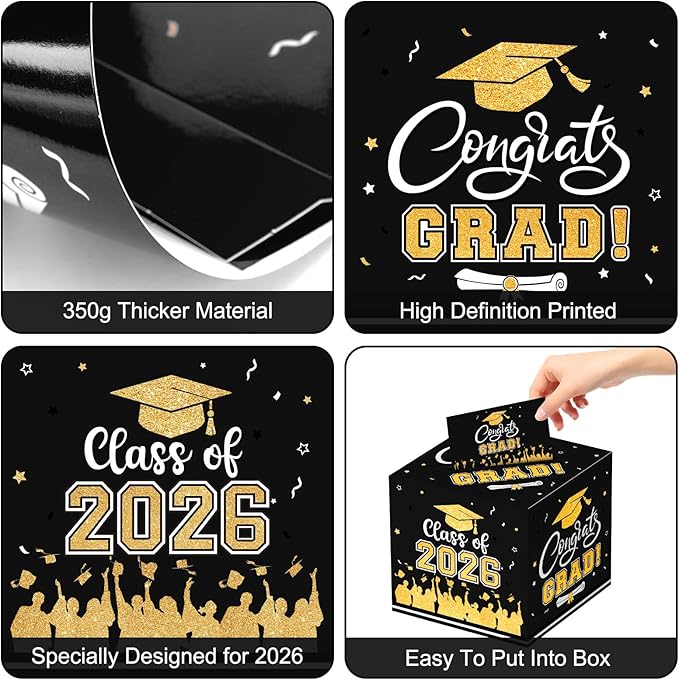 Graduation Card Box 2026 - Congrats Grad Card Boxes Holder, Black and Gold Class of 2026 Gift Cards Box for Graduation Decorations 2026 Favors Party Decor Supplies Props, 9x 9 x 9 inches