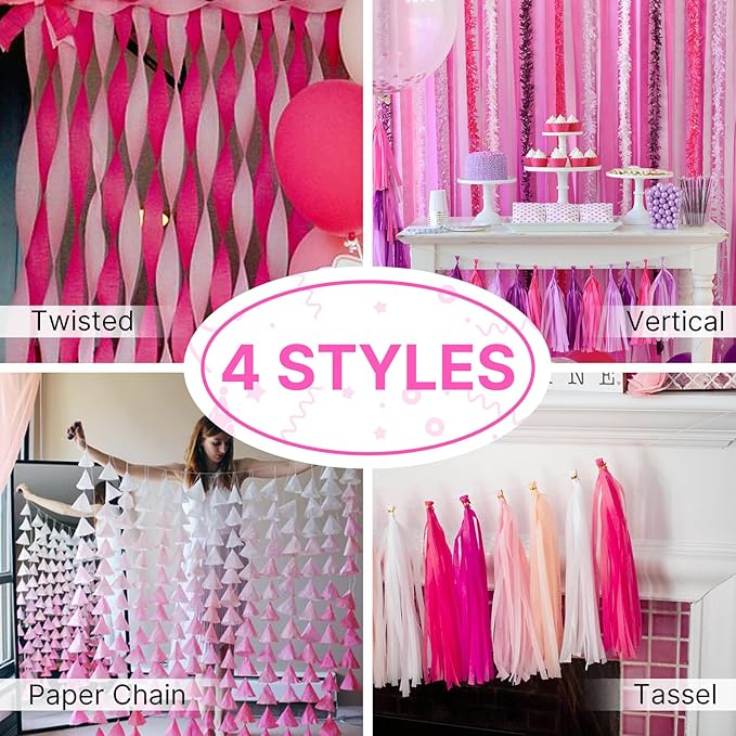 PartyWoo Pink Crepe Paper Streamers 4pcs 328ft Pack of Dark Hot Pink Magenta Fuchsia Crepe Paper Streamers for Birthday Gender Reveal Baby Shower Wedding Bachelorette Princess Party Decorations