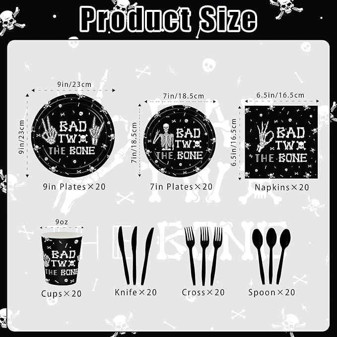 140PCS Bad Two The Bone Theme Party Decorations Boy Rock And Roll Birthday Tableware Include Plates,Napkins and Cups for Birthday Party Decorations