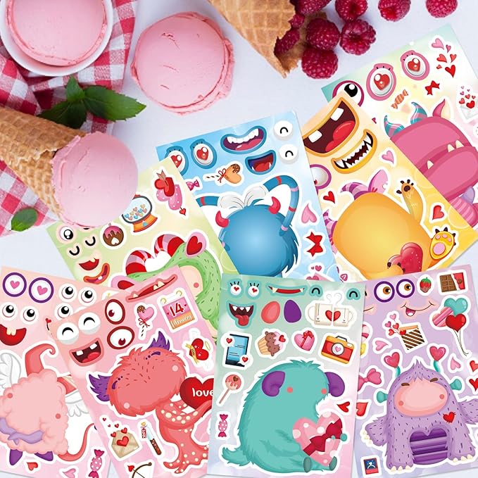 DUJAA Make a Monster Face Stickers 24PCS Valentine's Day Stickers for Kids, Monster Theme Crafts Party Game School Classroom Reward Gift