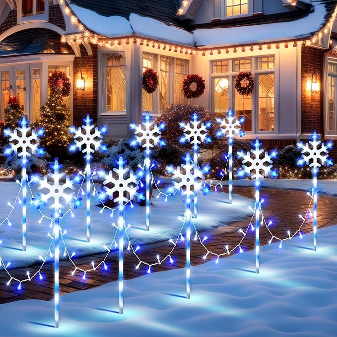 10 Pcs Christmas Snowflake Pathway Stake Lights for Outdoor Yard, 370 Bright LEDs Waterproof Large Christmas Snowflake Light Decoration for Garden Lawn Driveway Walkway Decor (Blue White)