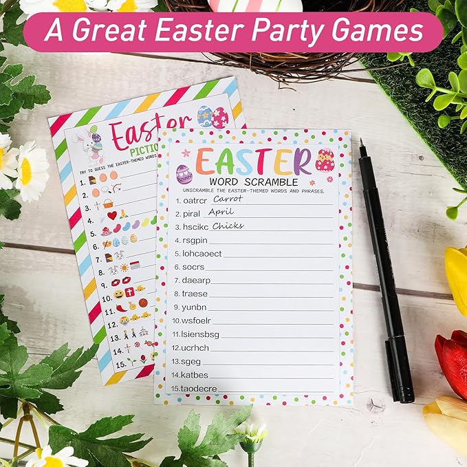 COCHIE Easter Party Games for Adults Family Office Large Groups, Words Pictionary Game, Guesstures Games, Word Scramble Game Spring Classroom Activities with Answer Key (Easter)