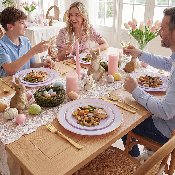 350PCS Purple Plates Disposable - Purple Plastic Plates 50Guests Lavender Disposable Dinnerware Sets with Rolled Napkins for Wedding/Birthday/Baby Shower/Easter