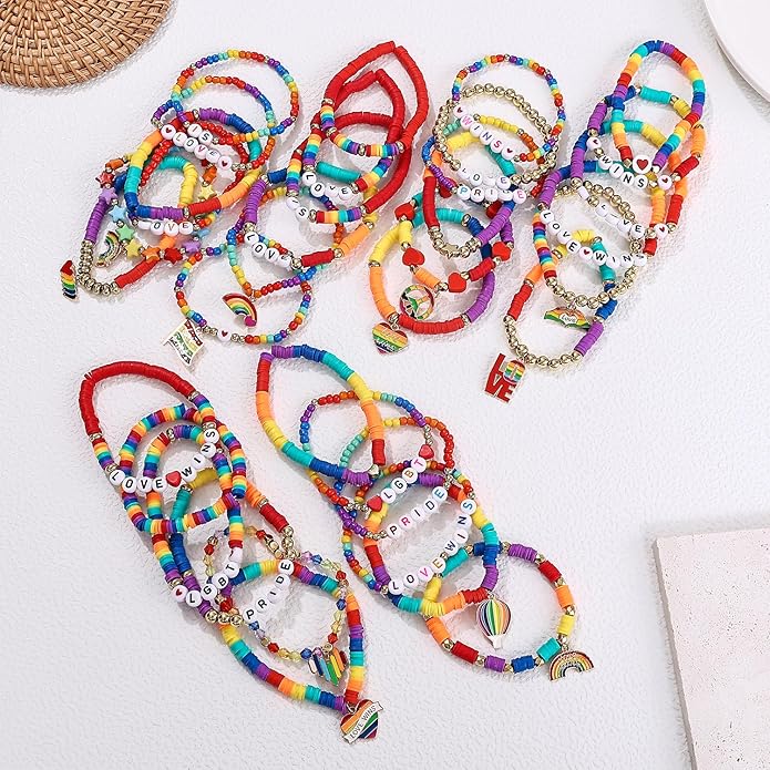 Cooluckday 36 Pcs Holiday Heishi Surfer Bracelets for Women Bulk Easter Mother's Day Christmas St. Patrick's Day Mardi Gras Bracelet Stackable Stretch Friendship Bracelets Set