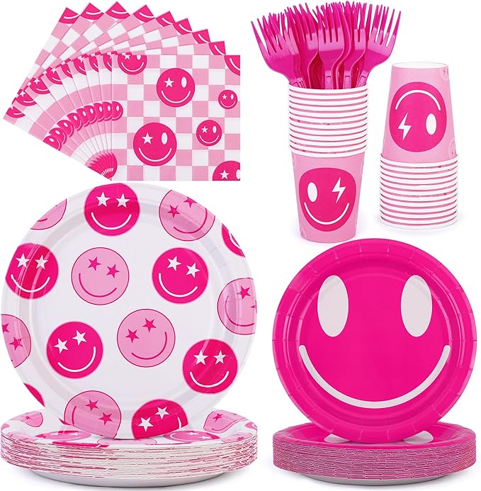 durony 144 Pieces Preppy Birthday Decorations Pink Smile Face Tableware Set Preppy Smile Plates Cups Napkin and Forks for Bachelorette Smiley Face Birthday Party Supplies