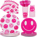 durony 144 Pieces Preppy Birthday Decorations Pink Smile Face Tableware Set Preppy Smile Plates Cups Napkin and Forks for Bachelorette Smiley Face Birthday Party Supplies