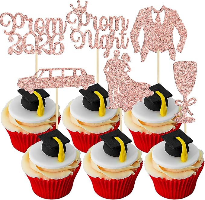 Gyufise 24Pcs Prom Cupcake Topper Prom Decorations for Prom Graduation Cupcake Topper 2026 Graduation Decorations Class of 2026 College Graduation Decorations Rose Gold