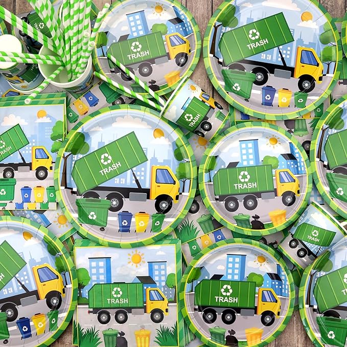 Trash Truck Birthday Party Decoration - Garbage Truck Birthday Party Tableware Supplies Includes Plates, Cups, Napkins, Tablecloth, Straws (40)