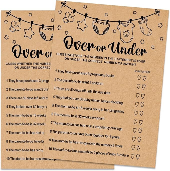 Baby Shower Game, Over or Under Game Cards, Baby Shower Party Games Supplies & Activities, Party Activities Ideas Supplies, Baby Shower Ideas, 30 Game Cards Included, Kraft