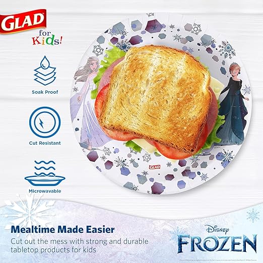 Glad for Kids Disney Frozen Disposable Paper Plates, Anna and Elsa - Heavy Duty, Soak Proof, Microwavable, Kid-Friendly Snack Plates for Everyday Use, 8.5 Inch, 40 Count - 8 Pack