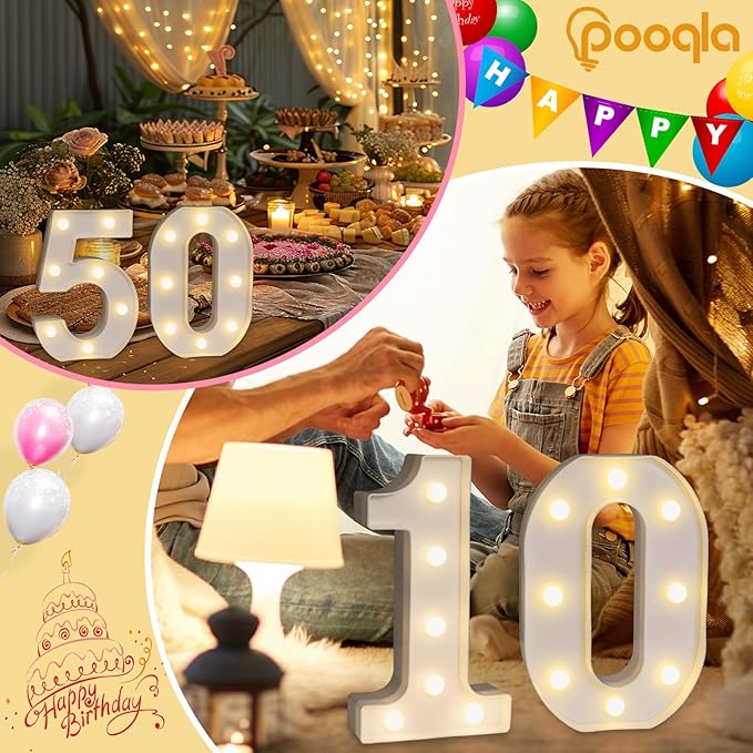 Pooqla Decorative LED Light Up Number Letters, White Plastic Marquee Number Lights Sign for 67th Birthday Party Wedding Decor, Battery Operated