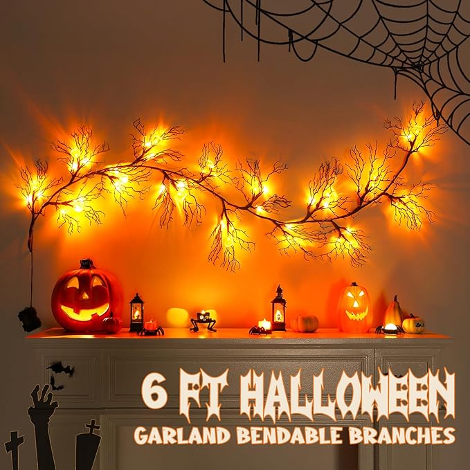 Joyhalo Halloween Garland with Lights Decorations with Pumpkin Lights,Battery Operated 6FT 47 LED Halloween Willow Vine Twig Garland for Mantle,Wall,Fireplace and Halloween Decorations