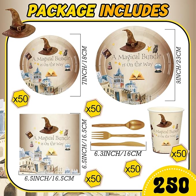 350 Pcs Magical Wizard Party Decorations Supplies A Magical Bundle Is On The Way Tableware Set Disposable Plates Cups Napkins Cutlery for Birthday Shower Wizard Party, Serve 50