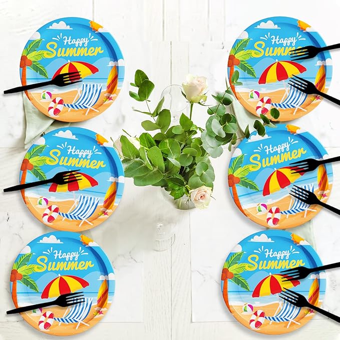 Wiooffen 48 Pcs Summer Beach Party Plates 7inch Birthday Party Disposable Paper Dessert Plate Supplies Decorations Beach Theme Plates Tableware for Birthday Baby Shower