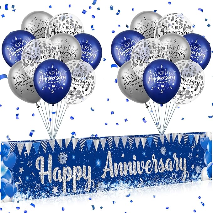 Blue Happy Anniversary Decorations for Men Women, Silver Blue Happy Anniversary Banner and 18pcs Balloons Party Decor for Wedding Anniversary Decorations Kit Supplies