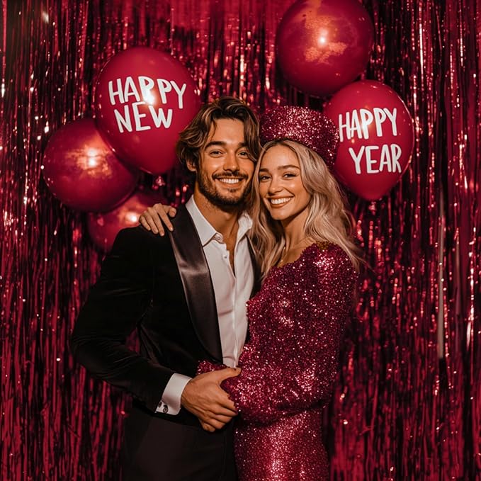 PartyWoo Red Streamers Fringe Curtain Backdrop 2pcs 8.2 ft Red Tinsel Foil Backdrop for Birthday Graduation Bachelorette Citizenship Strawberry Cherry Casino Movie Marry Me Theme Party Decorations
