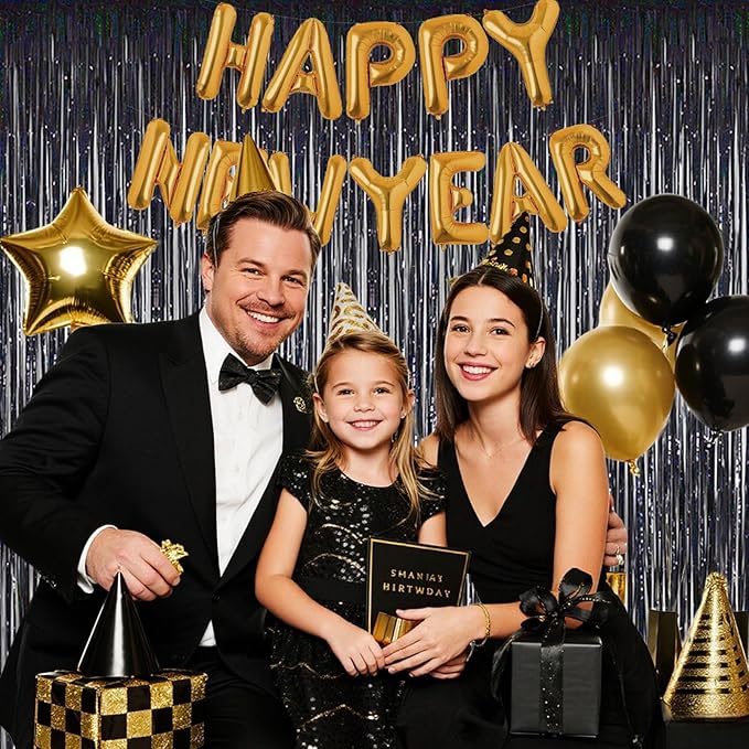 Black Tinsel Fringe Backdrop Curtains Birthday Party Decorations- 3.28x6.56 ft Metallic Tinsel Streamers, Photo Booth Background for Wedding, Graduation, Party Decorations - 2 Packs