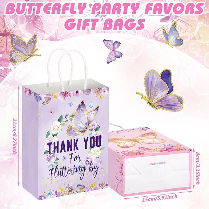 Outus 24 Pcs Spring Butterfly Party Favors Bags Butterfly Goodie Gift Paper Bags with Handles Purple Blue Pink Thank You Candy Treat Pouch for Wedding Baby Shower Birthday Party Decoration Supplies