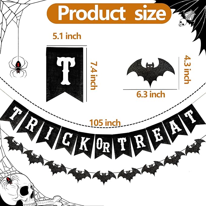 Black Trick or Treat Burlap Banner with Glitter Bat Garland,Halloween Mantel Fireplace Decorations,Pre-Strung Halloween Bunting for Wall Porch Party Indoor Outdoor Decor