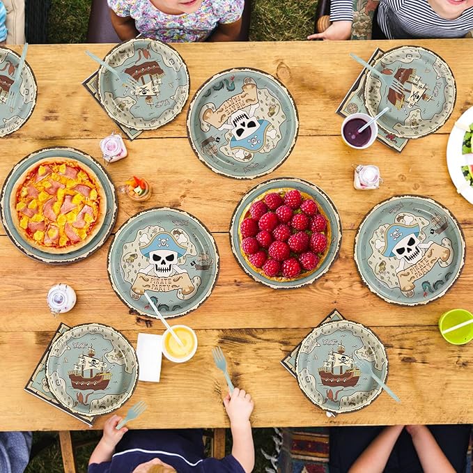 Grencian 96Pcs Pirate Party Supplies Vintage Treasure Map Ship Plates and Napkins Tableware Sets Light Green Pirate Children Theme Decoration for Baby Shower Birthday Theme Party Favors Serve 24